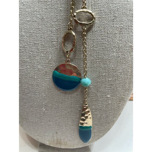 NWT Gold Long Chain Necklace, Turquoise & Teal Accents & Beads & Hammered Gold - Picture 5 of 7